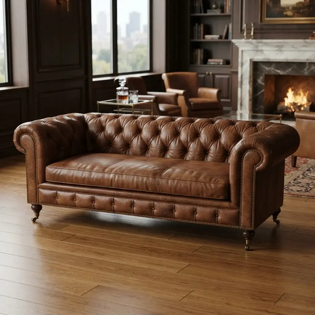 Brown leather Chesterfield sofa restoration in Dubai by Upholstery Doctor