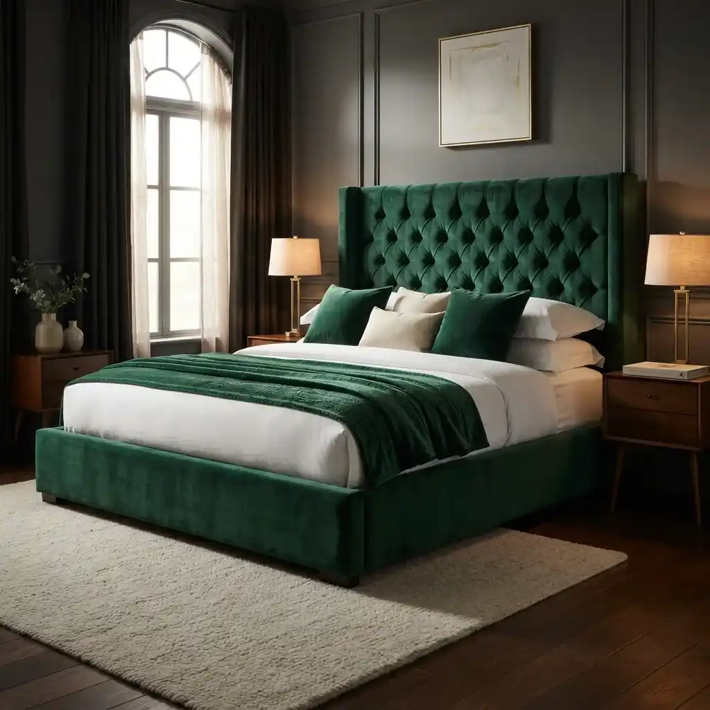 Emerald green velvet button tufted bed frame and headboard upholstery