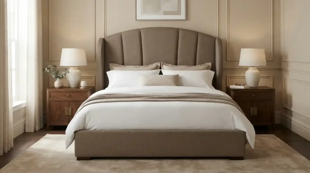 Modern beige channel tufted bed headboard upholstery in Dubai bedroom