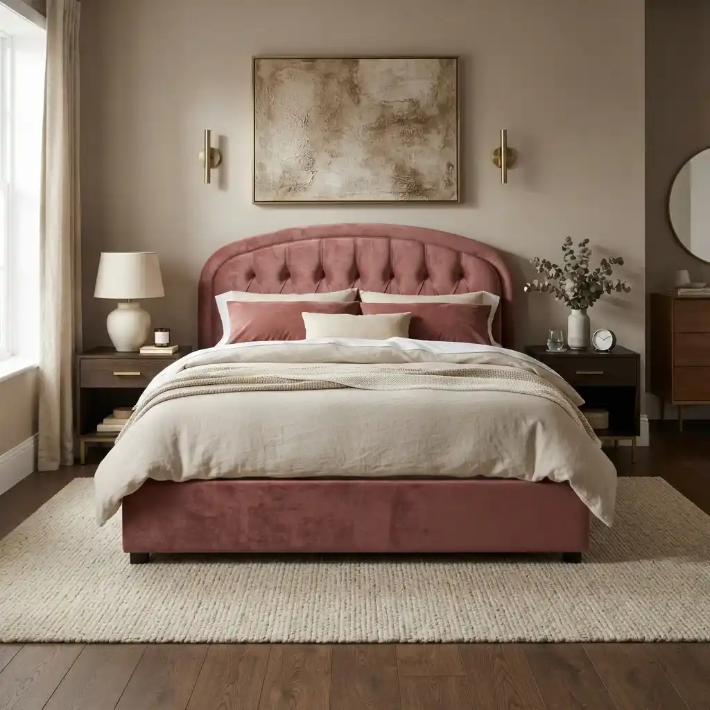 Pink tufted velvet bed headboard upholstery in modern luxury bedroom