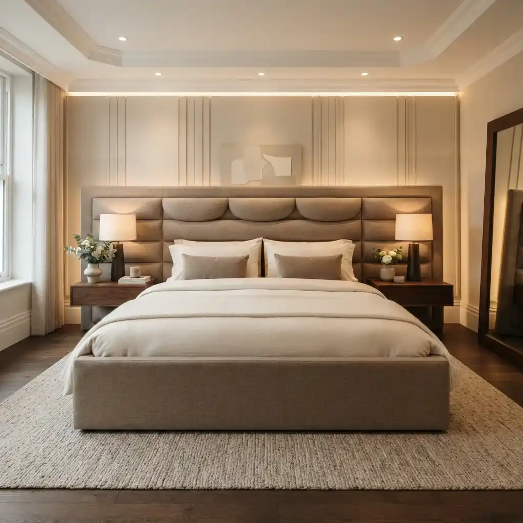 Luxury warm backlit tufted bed headboard and matching bench upholstery