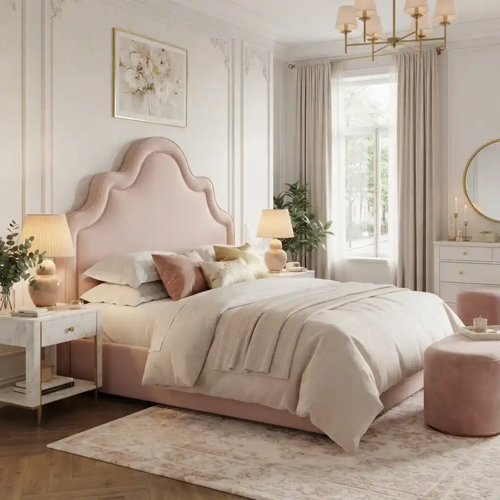 Elegant pink upholstered bed frame and headboard design in Dubai