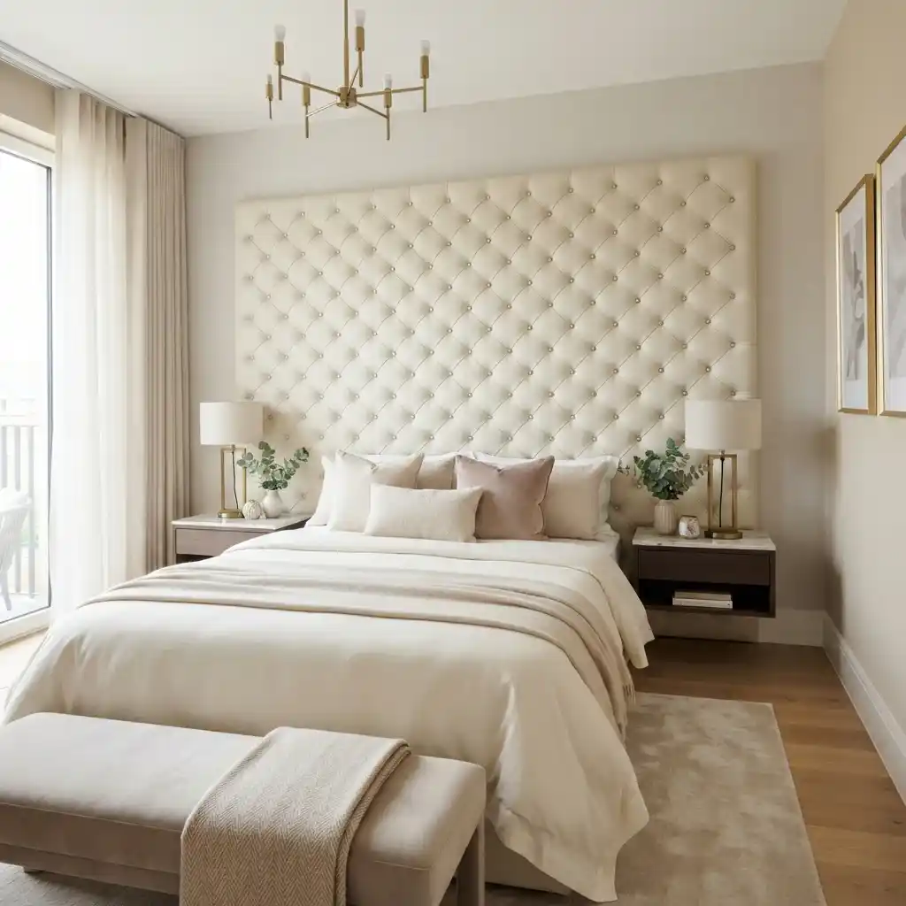Luxury beige diamond tufted upholstered headboard wall panel design