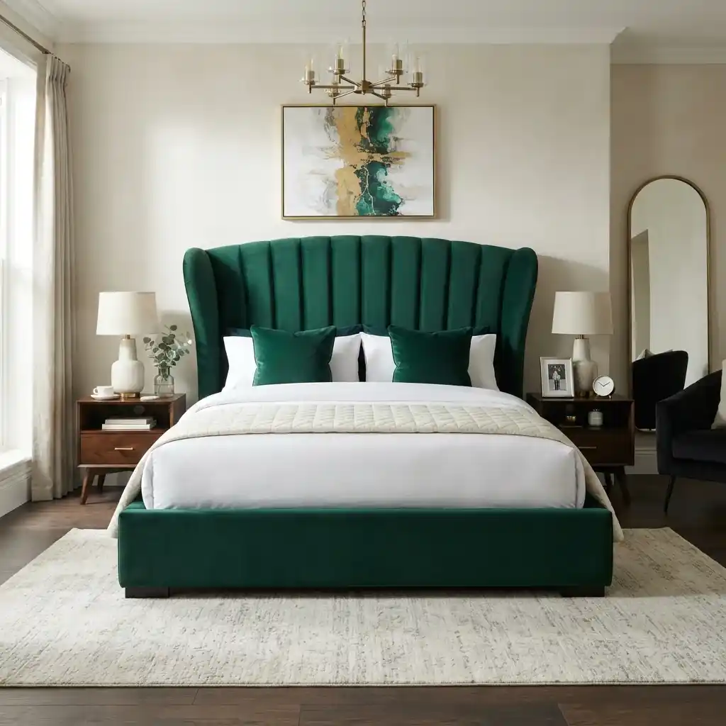 Emerald green velvet upholstered bed frame and headboard in Dubai bedroom