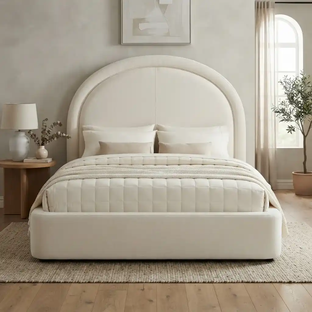 Modern minimalist off-white cotton fabric bed upholstery with low headboard