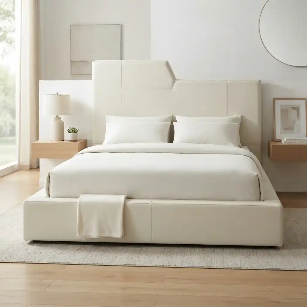 Modern beige faux leather upholstered bed frame with clean minimalist design