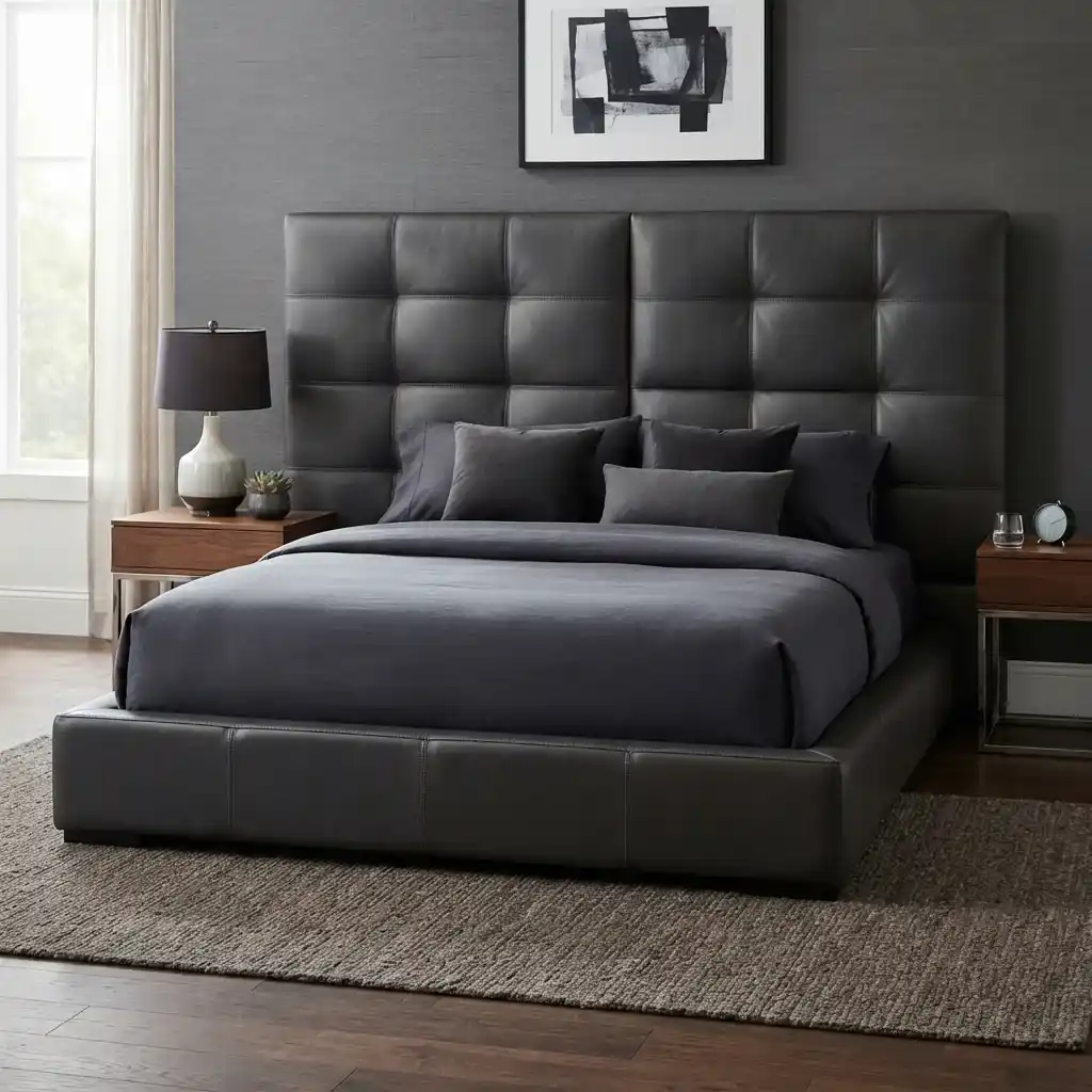 Modern dark grey upholstered bed with button-tufted headboard in Dubai bedroom