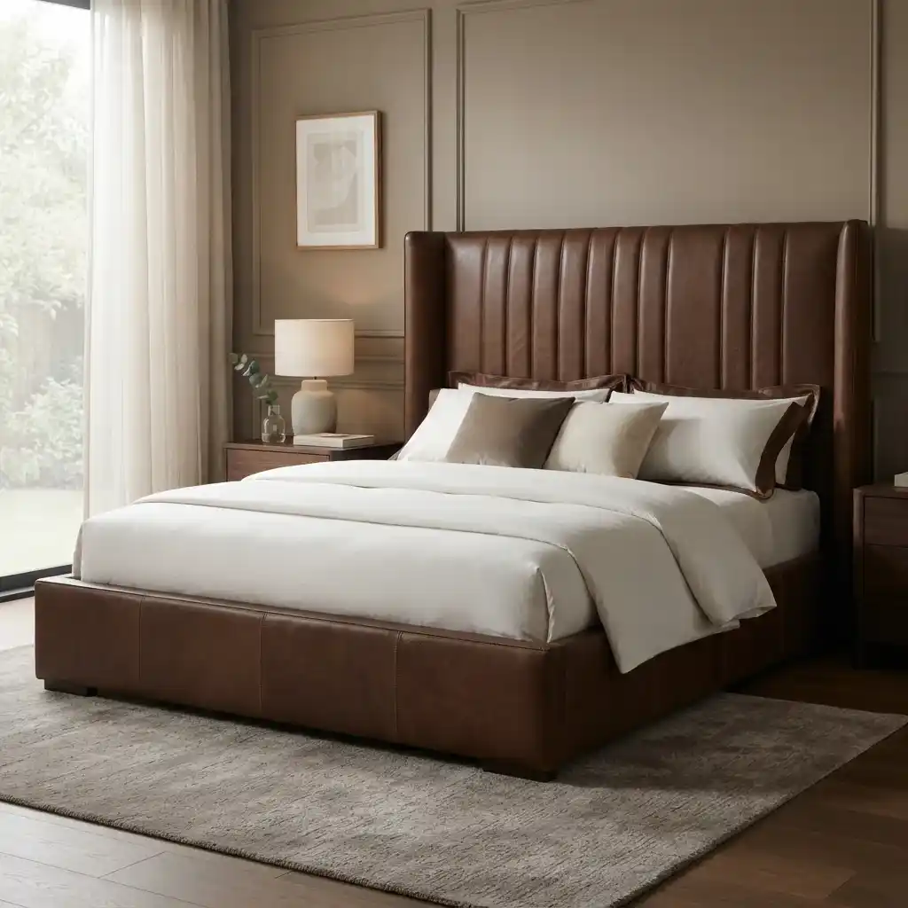 Dark brown vertical channel-tufted upholstered bed in luxury bedroom