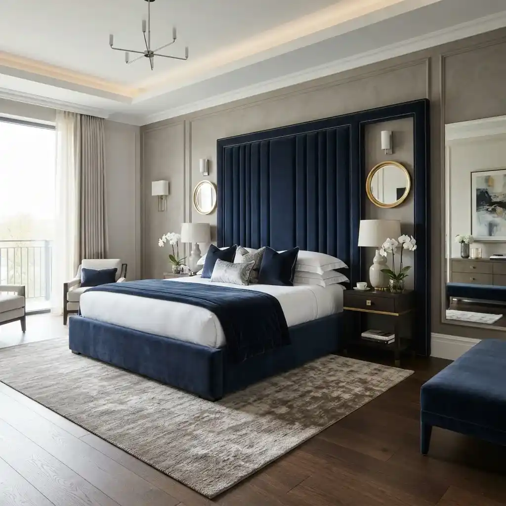 Luxury dark blue velvet upholstered bed with high headboard in Dubai