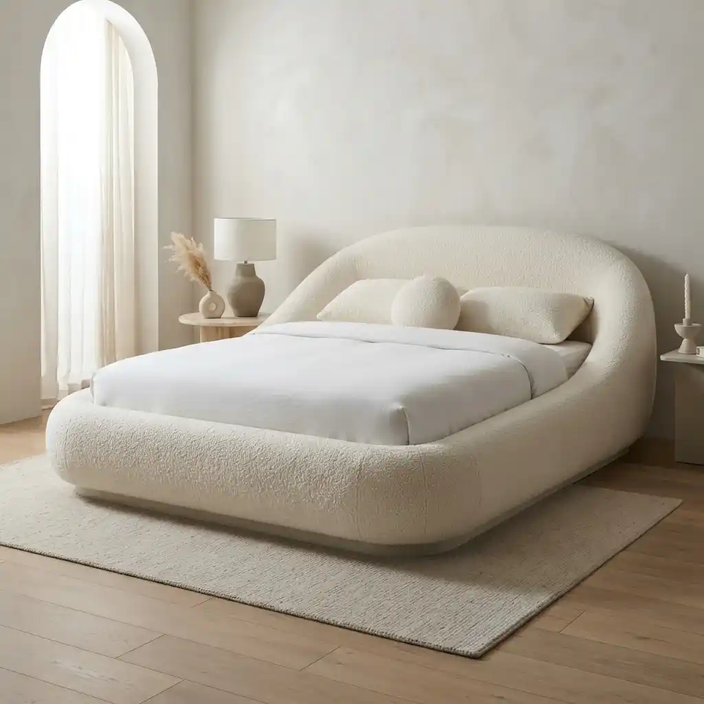 Modern white boucle fabric upholstered bed frame with curved low-profile design