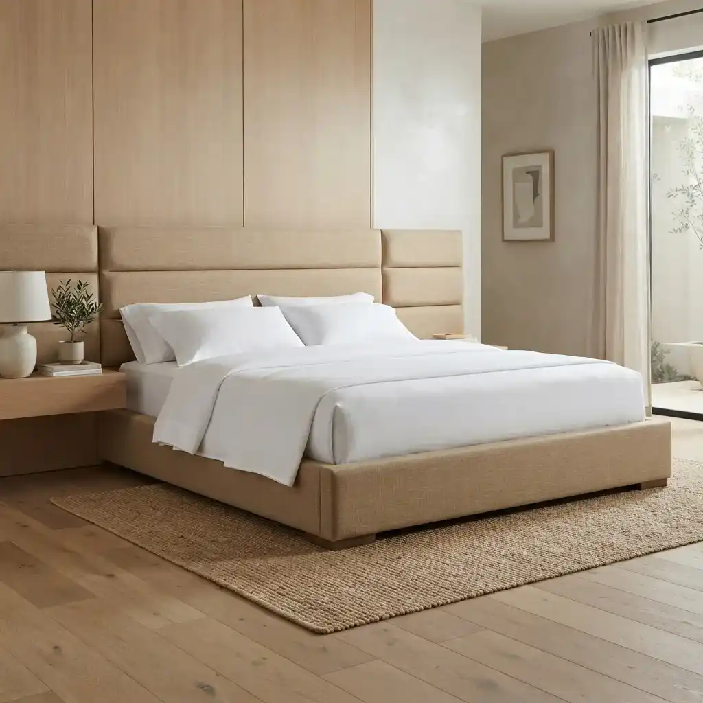 Modern beige linen fabric upholstered bed in luxury Dubai bedroom design