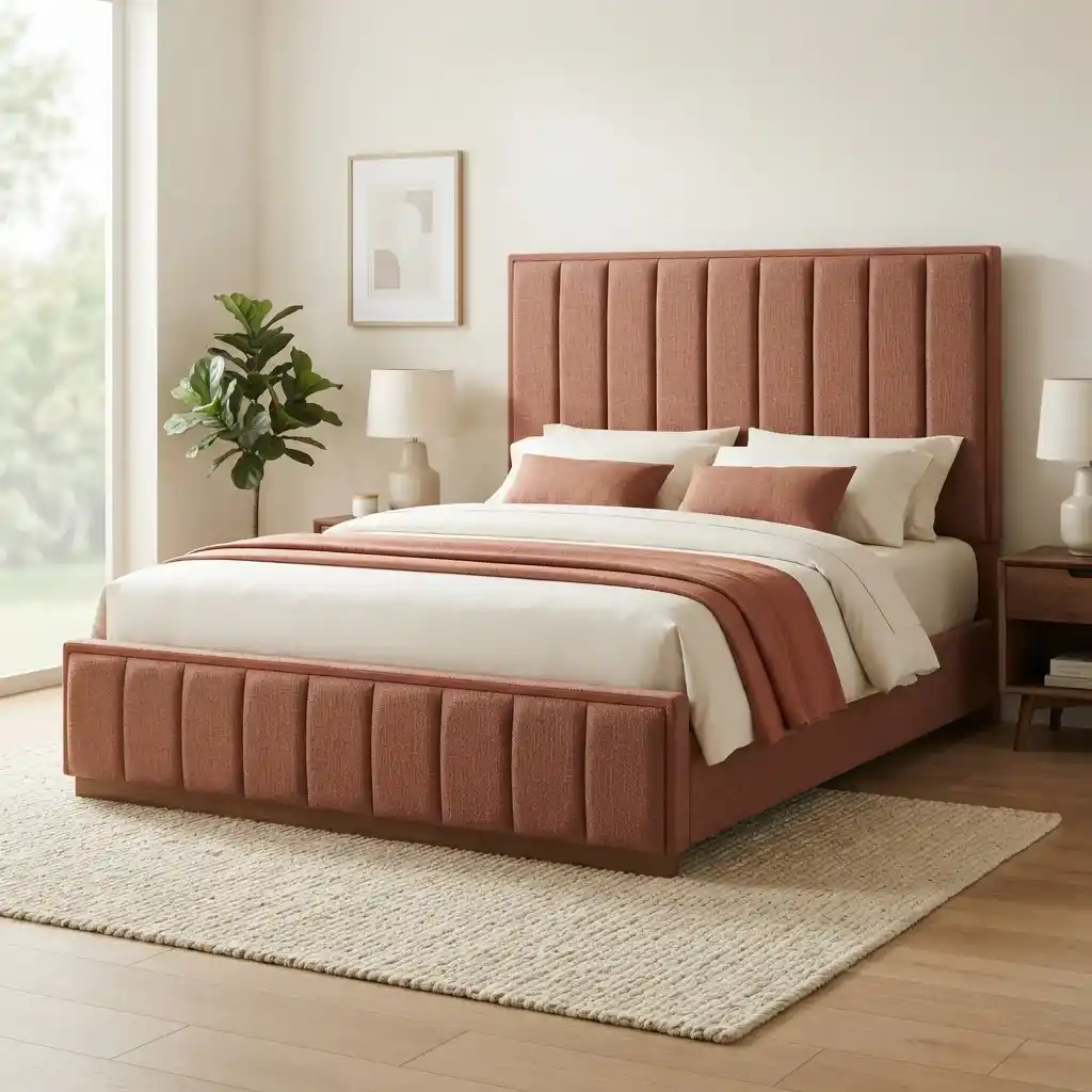 rust terracotta polyester fabric channel tufted bed headboard design