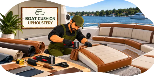Craftsman working on custom boat cushion upholstery in Dubai