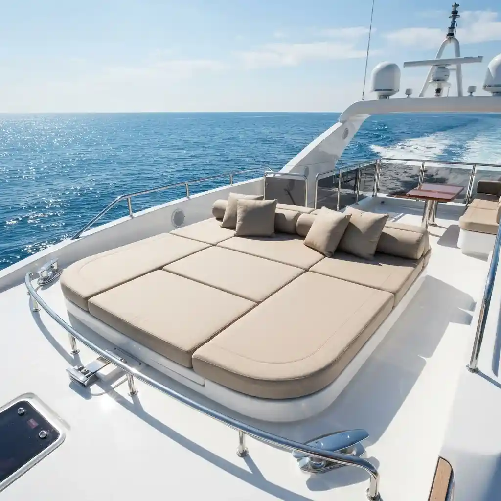 Passenger boat interior with custom vinyl bench seating upholstery Dubai