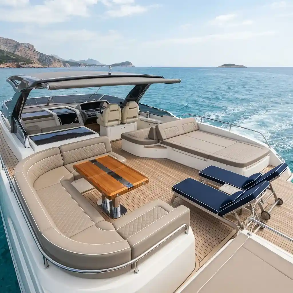 Luxury yacht flybridge lounge with custom sunpad and seating upholstery Dubai