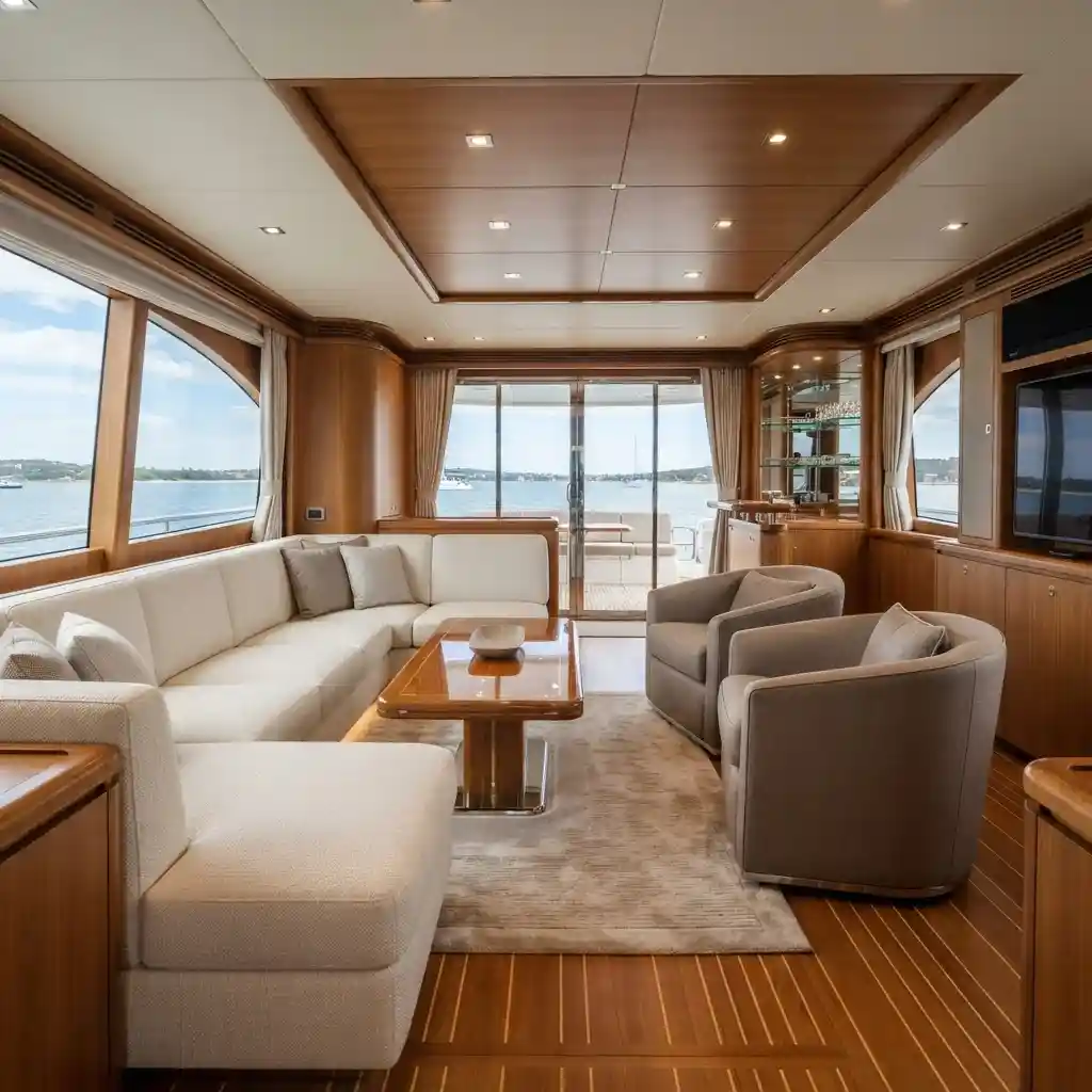 Luxury boat interior saloon featuring custom white leather sofa seating Dubai