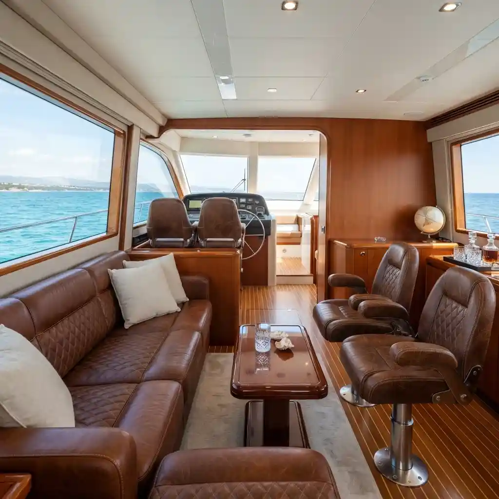 Luxury yacht cabin lounge with custom dark brown leather sofa seating Dubai