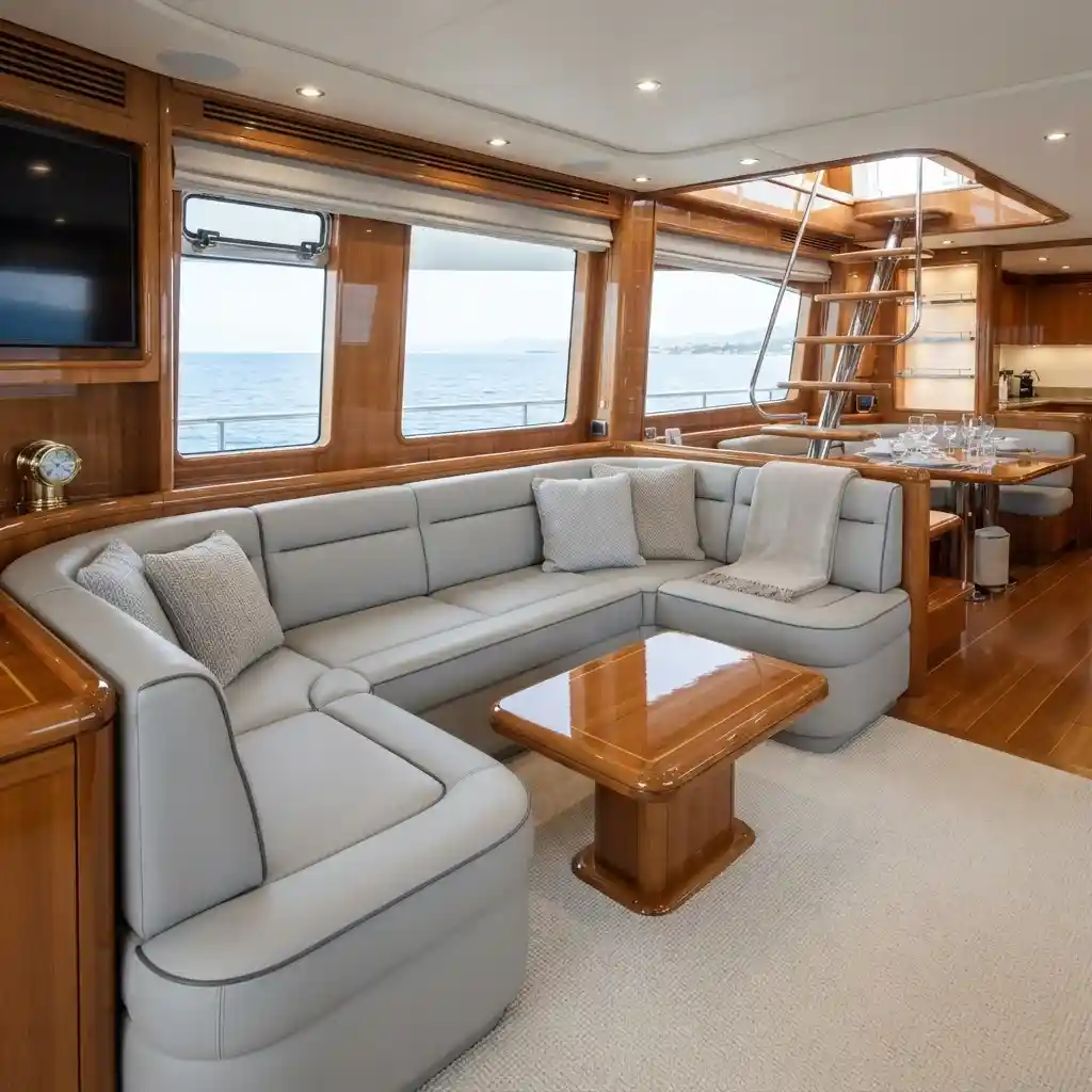 Luxury yacht saloon interior with custom light grey sofa upholstery Dubai