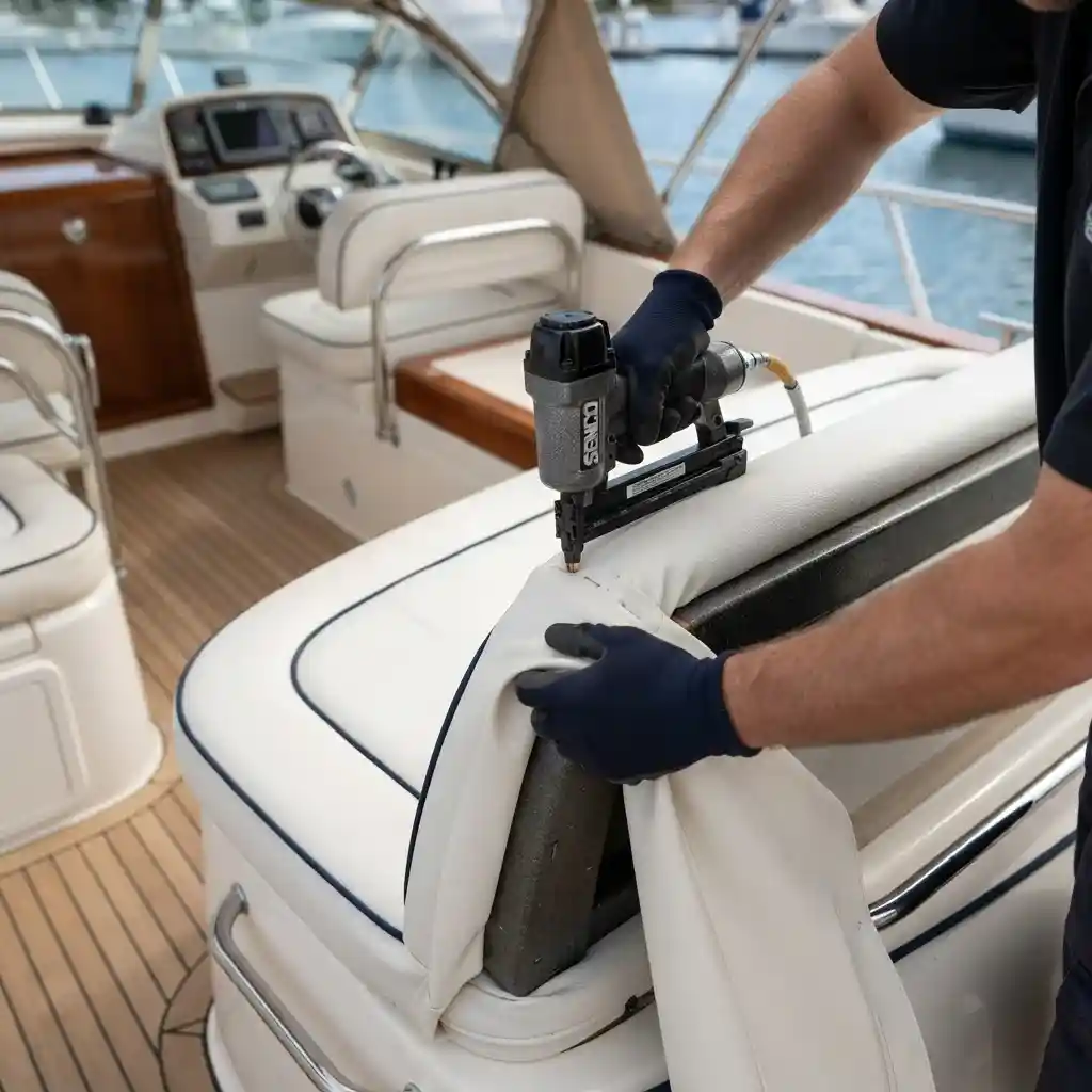 Craftsman installing vinyl upholstery on boat cockpit seating Dubai