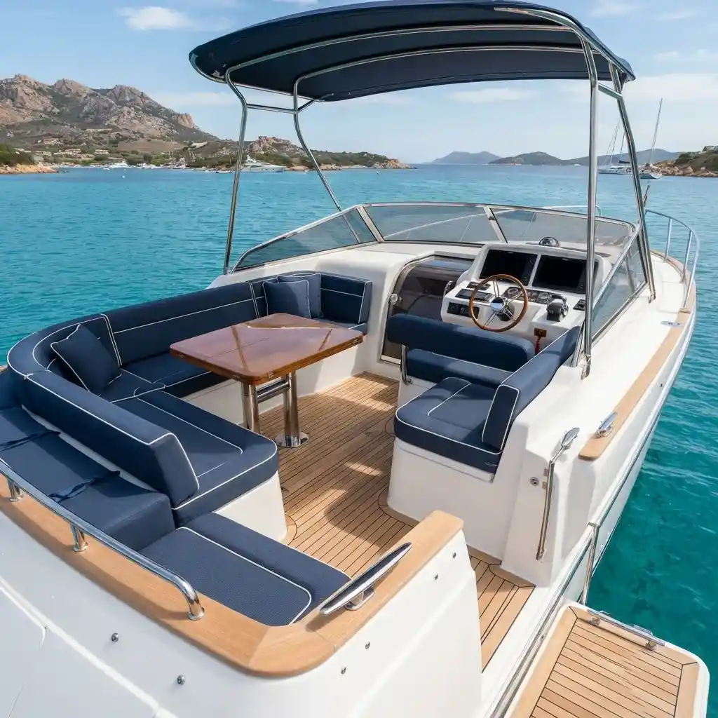 Modern speed boat cockpit lounge with custom marine leather seating Dubai