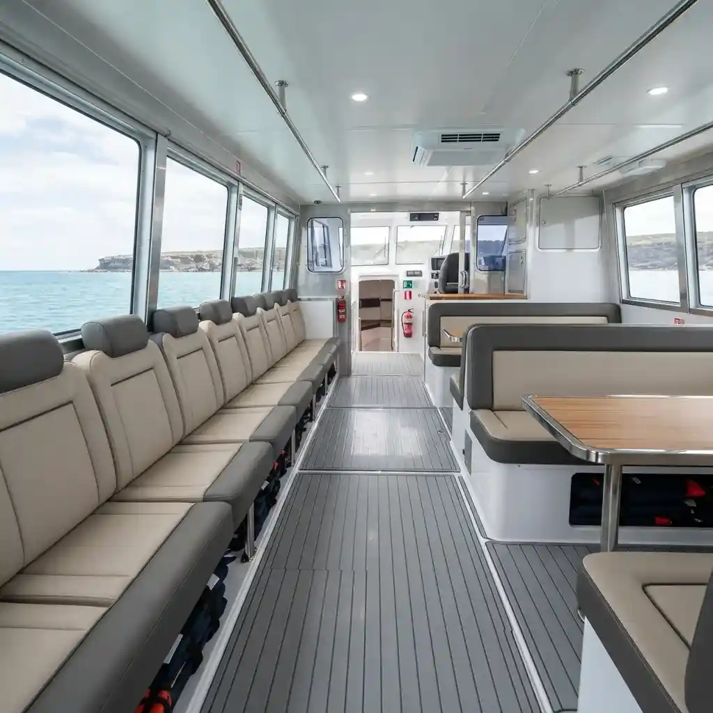 Passenger boat interior with custom vinyl bench seating upholstery Dubai