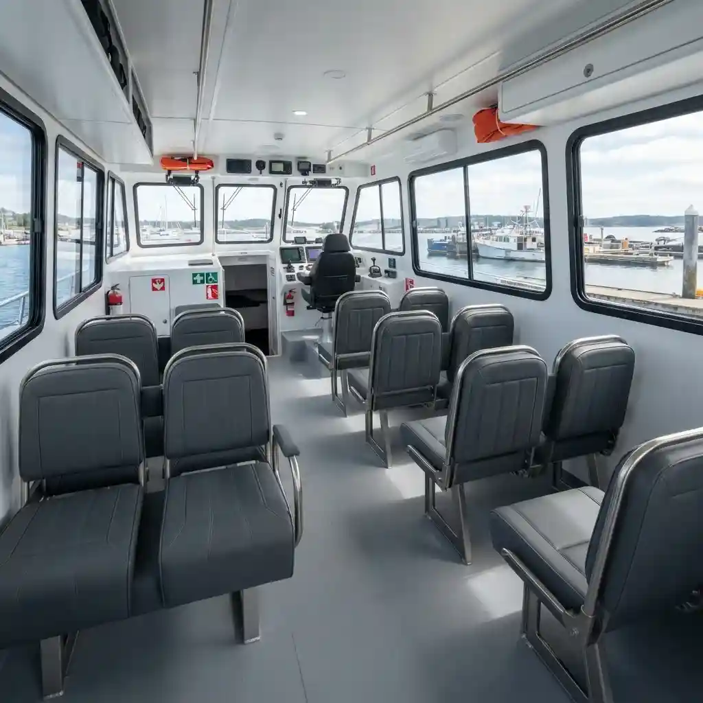 Commercial passenger boat interior with custom vinyl seats and marine upholstery Dubai
