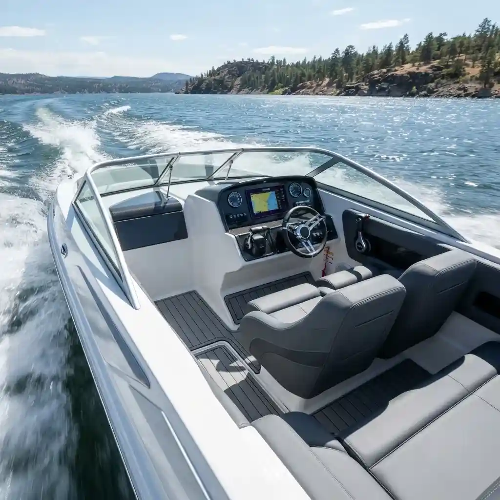 Modern jet boat cockpit with custom marine leather seating upholstery Dubai