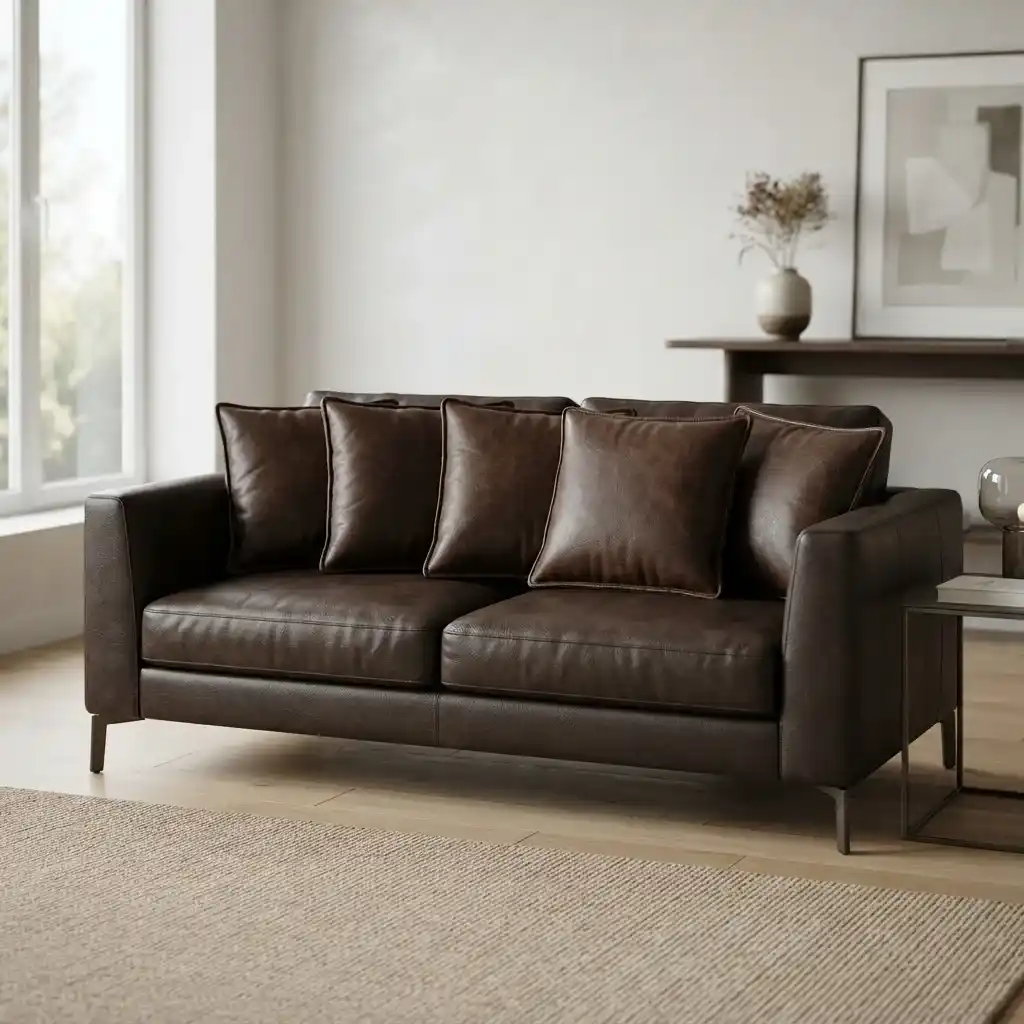 Modern dark brown 3 seater leather sofa in a bright living room interior