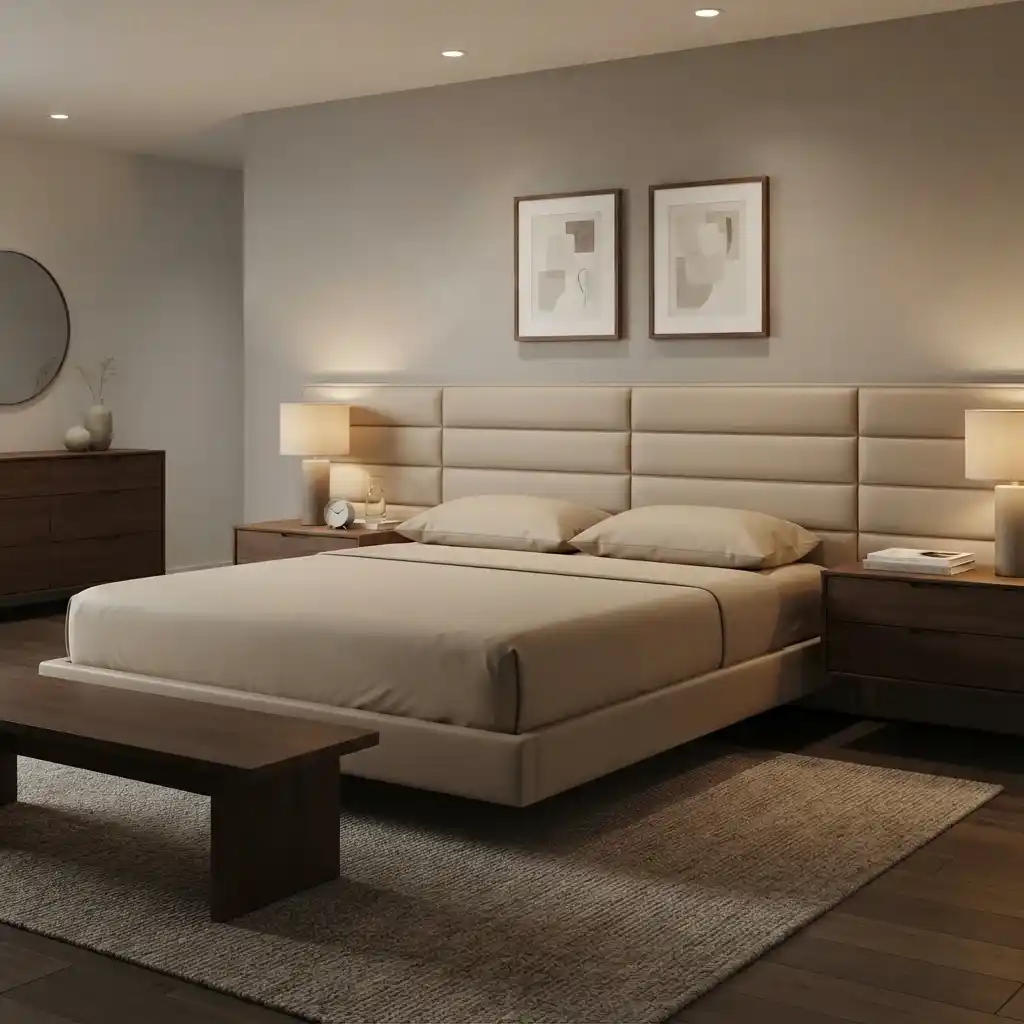Modern light beige leather upholstered bed frame in a luxury bedroom