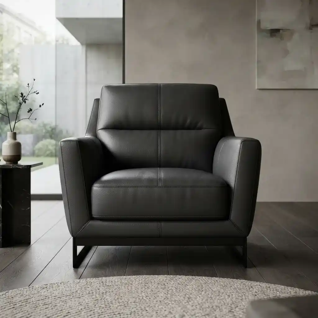 Modern black leather recliner armchair in a bright living room interior