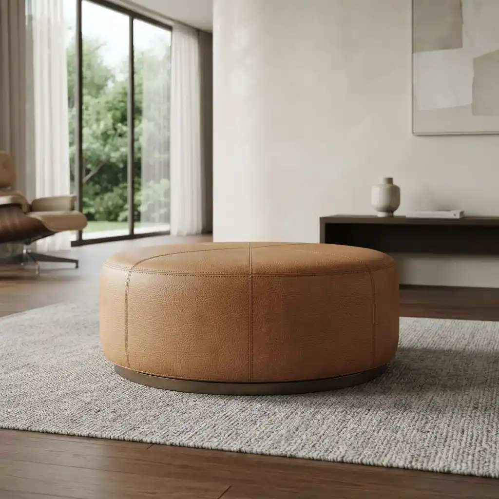 Round brown leather ottoman footstool in a spacious modern living room