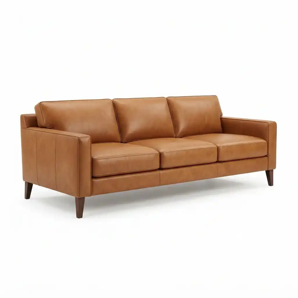Modern tan brown 3 seater top grain leather sofa on white background