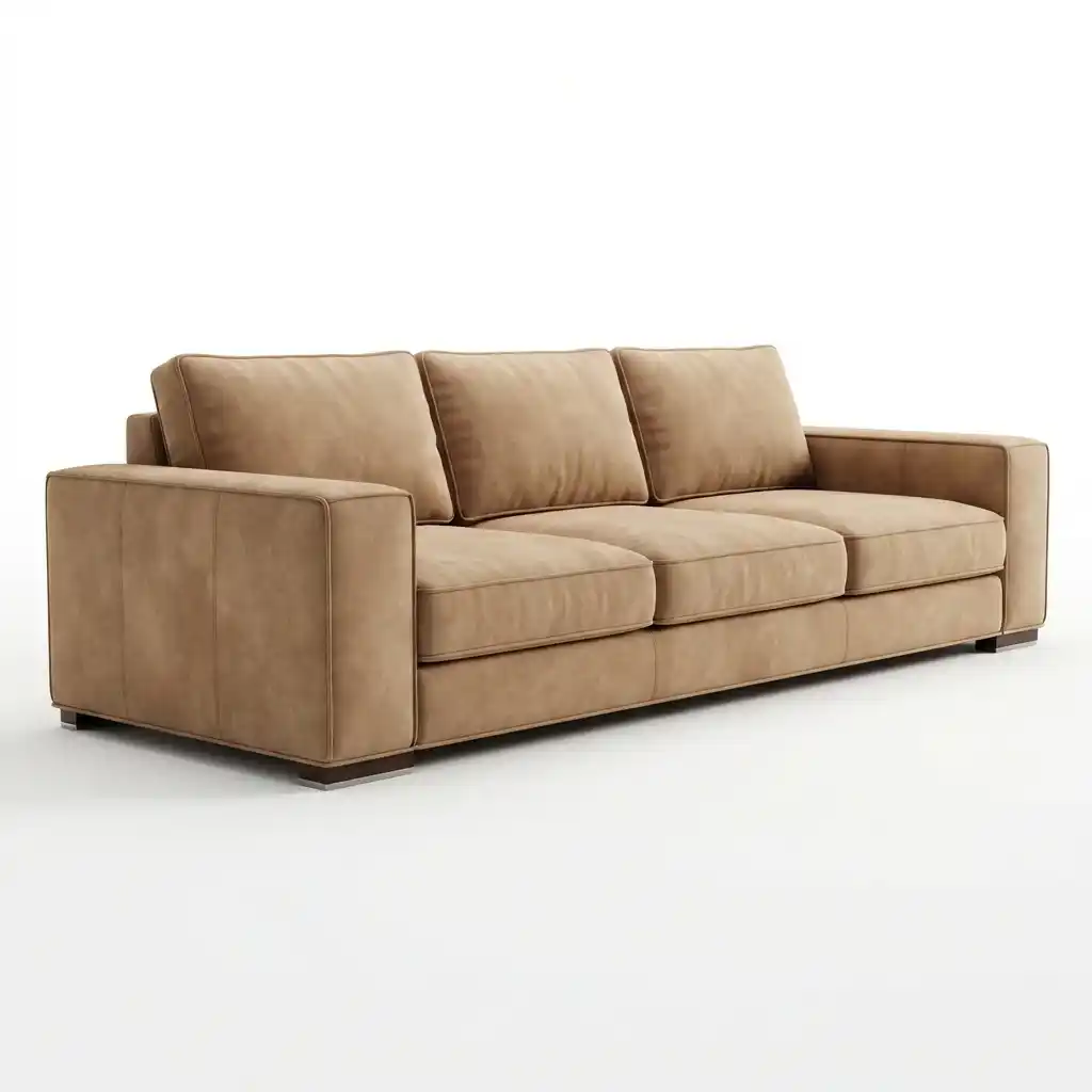 Modern light tan beige 3 seater leather sofa on white background