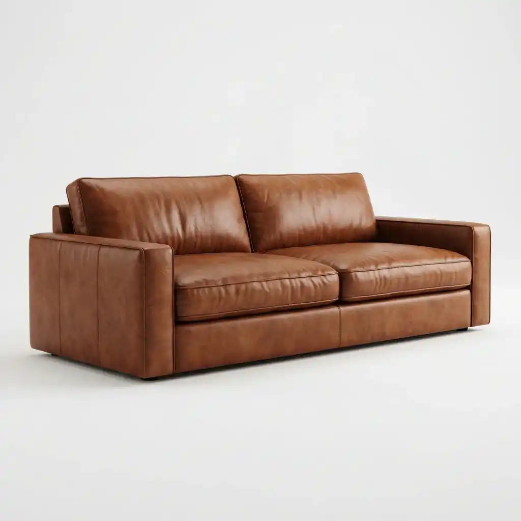 Modern tan brown full grain leather sofa on white background