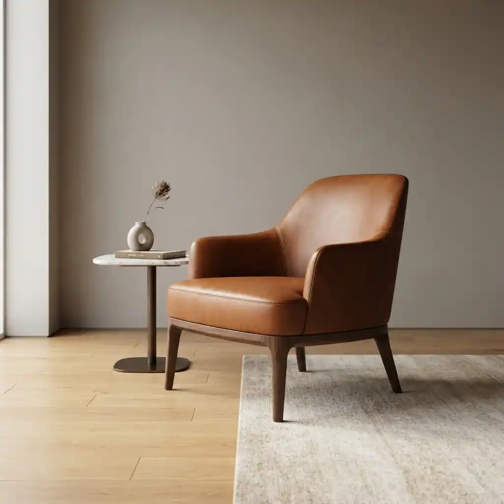 Modern brown leather accent chair with wooden legs in a minimalist room interior