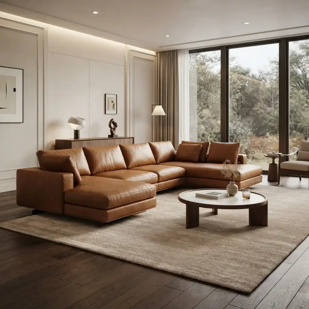 L-shaped brown leather sectional sofa in a spacious luxury living room interior