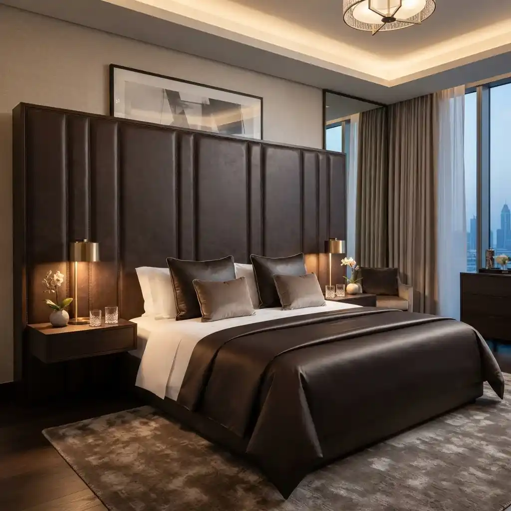 Luxury bedroom featuring a brown leather upholstered bed with warm accent lighting