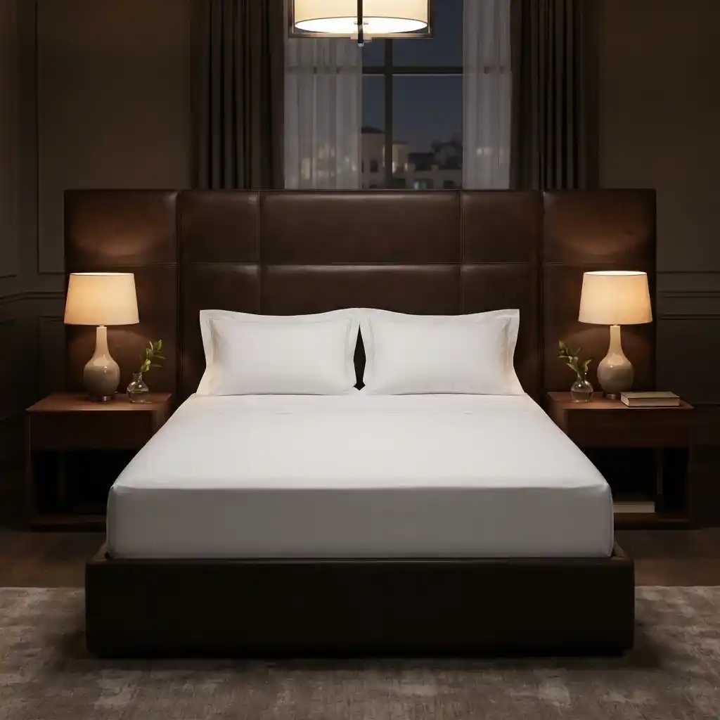 Modern bedroom featuring a dark brown leather upholstered bed headboard