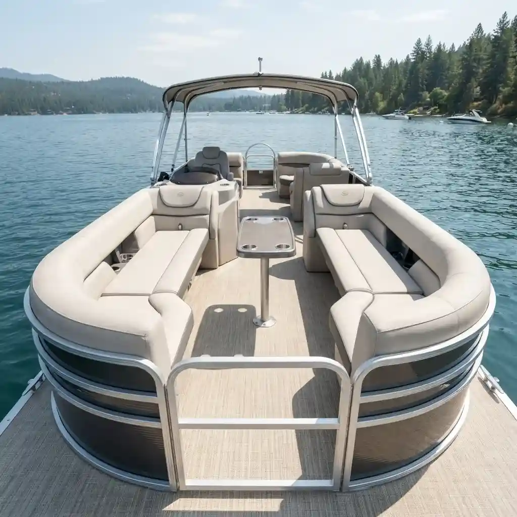 Luxury pontoon boat deck with custom leather lounge seating upholstery Dubai