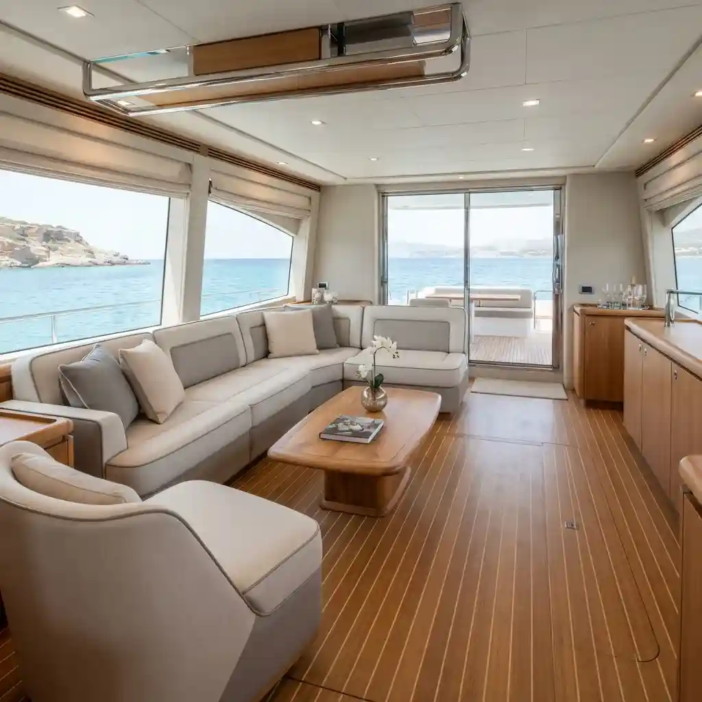 Luxury yacht saloon interior with spacious custom sectional sofa upholstery Dubai