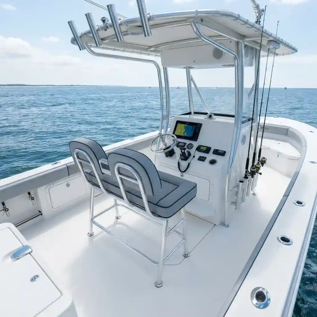 Modern fishing boat deck with custom vinyl captain seats and lean post upholstery Dubai