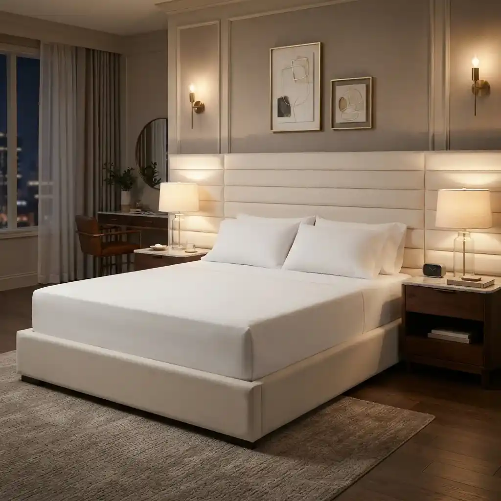 Luxury villa bedroom with custom beige upholstered bed frame in Dubai