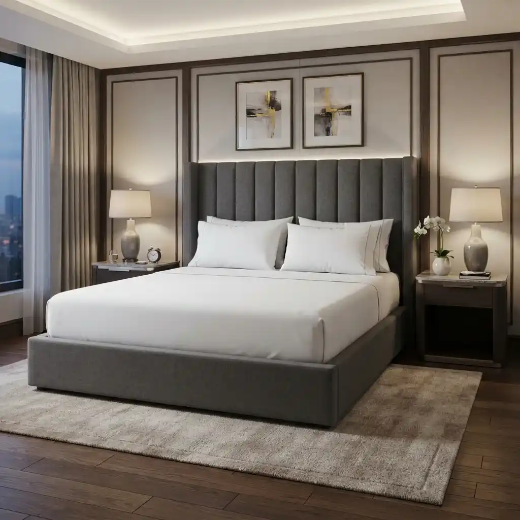 Professional craftsman upholstering guest room sofa furniture in Dubai