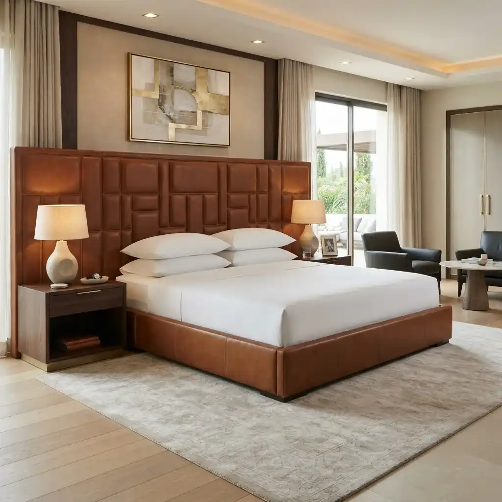 Luxury private bedroom with custom upholstered bed and wooden wall paneling in Dubai