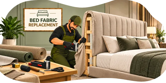 Craftsman fitting new fabric replacement on custom headboard in Dubai bedroom