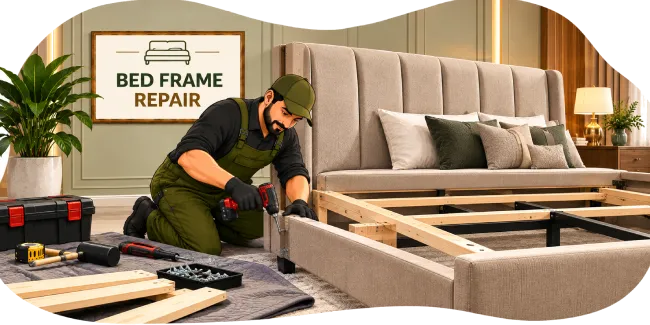 Technician repairing wooden bed frame structure in Dubai workshop
