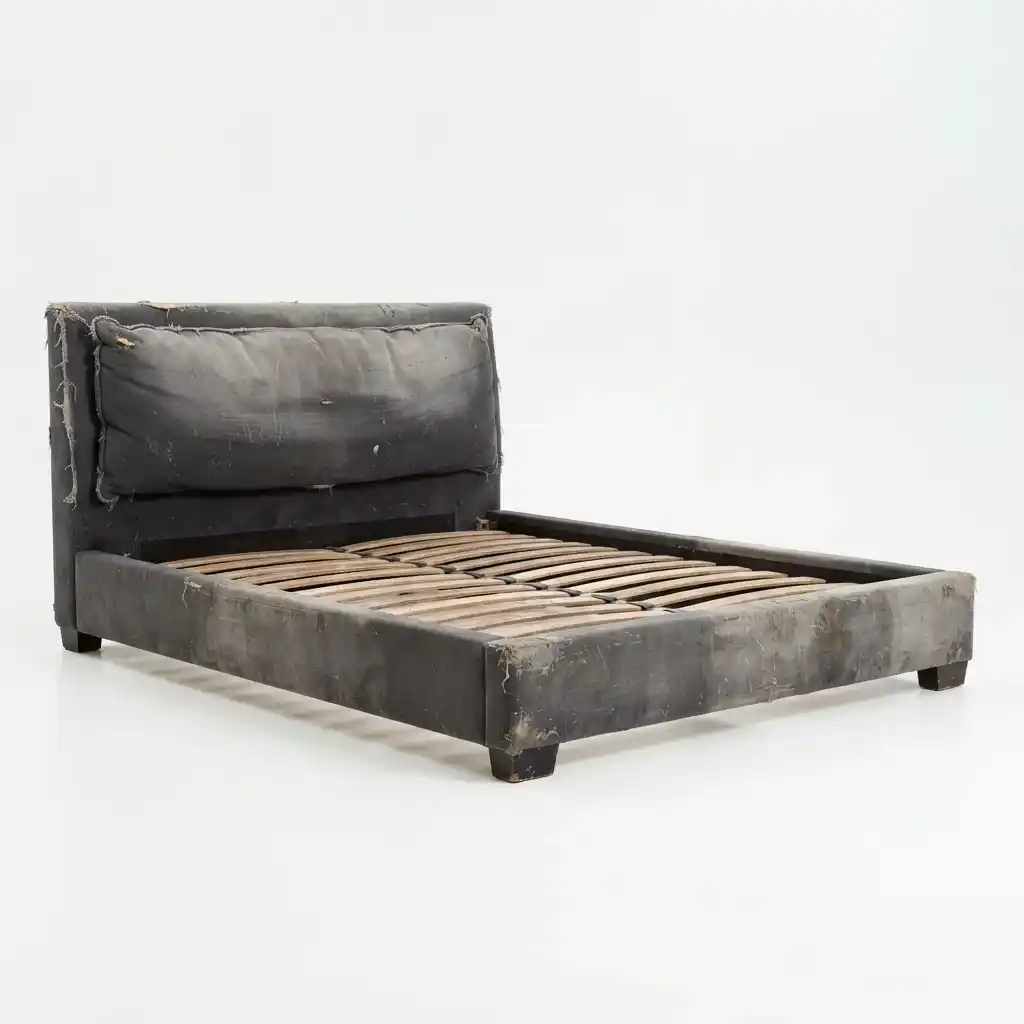 Worn bed upholstery before restoration