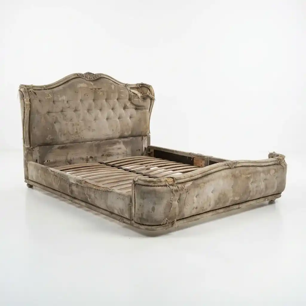 Worn upholstered bed before restoration