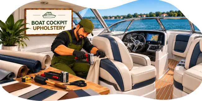 Craftsman installing marine vinyl upholstery in boat cockpit Dubai