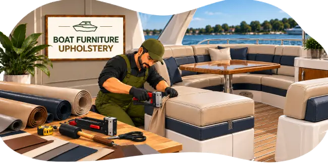 Craftsman fitting custom marine furniture upholstery inside boat cabin Dubai